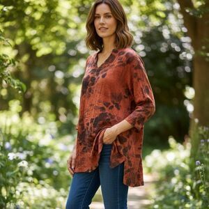 Jess & Jane Tunic Top Giraffe Animal Print V-Neck Crinkle Sz XL Lagenlook Artsy